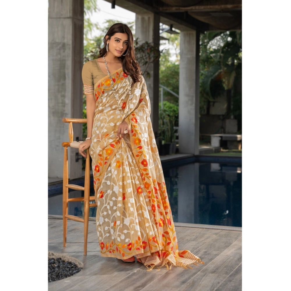 Generic Women's Cotton Printed Saree With Unstitched Blouse (Beige, 5-6 Mtrs)