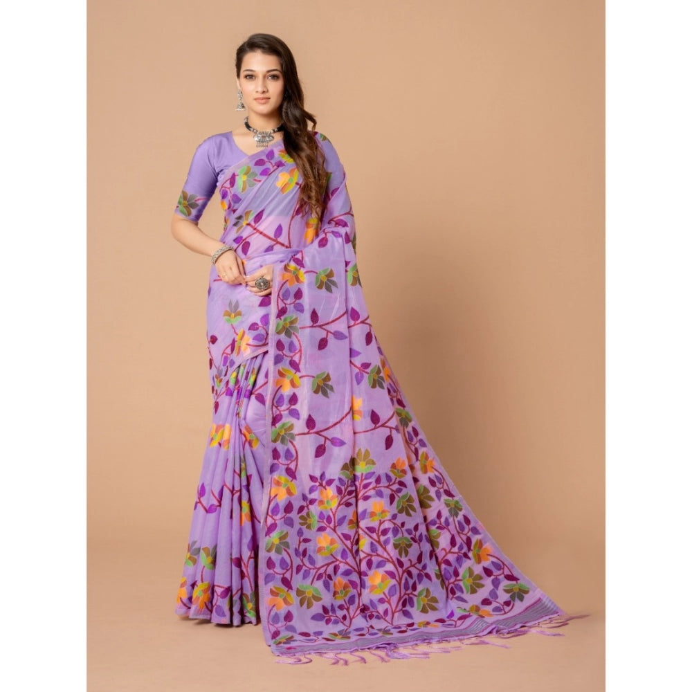 Generic Women's Cotton Printed Saree With Unstitched Blouse (Lavender, 5-6 Mtrs)