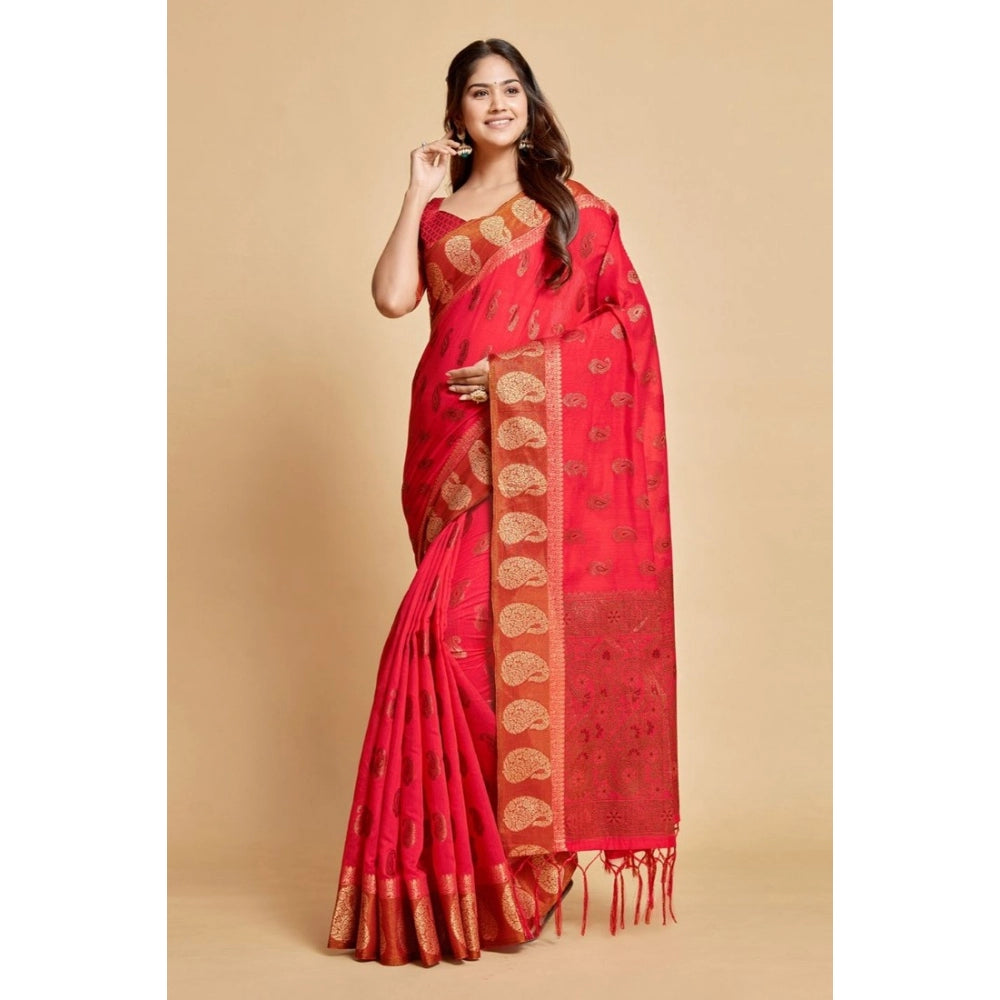 Generic Women's Chanderi Cotton Printed Saree With Unstitched Blouse (Pink, 5-6 Mtrs)