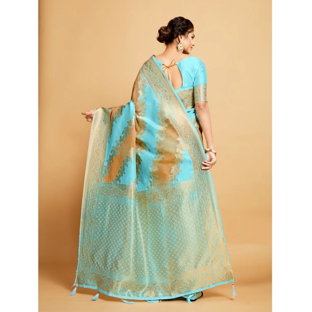 Generic Women's Linen Printed Saree With Unstitched Blouse (Sky Blue, 5-6 Mtrs)