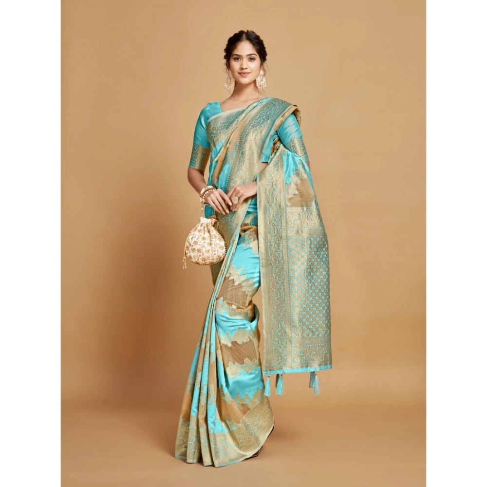 Generic Women's Linen Printed Saree With Unstitched Blouse (Sky Blue, 5-6 Mtrs)