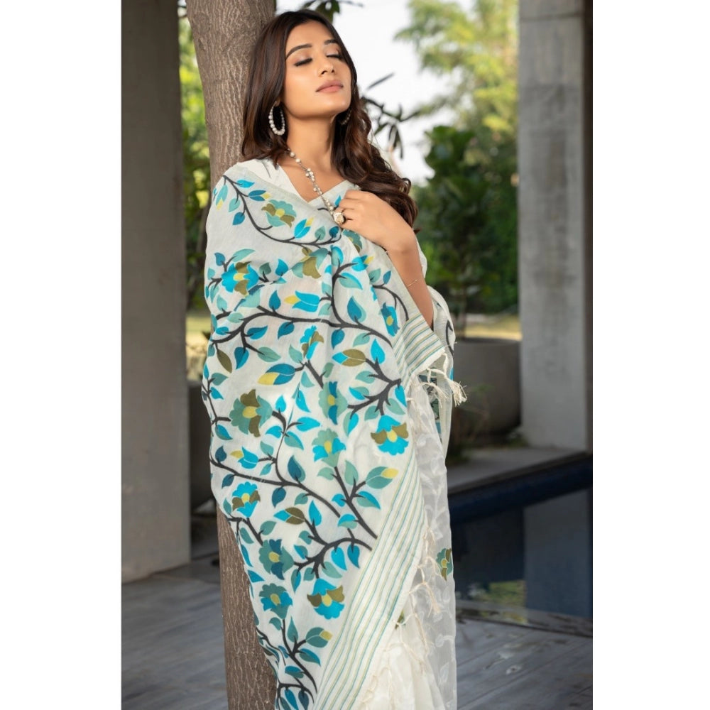 Generic Women's Cotton Printed Saree With Unstitched Blouse (White, 5-6 Mtrs)