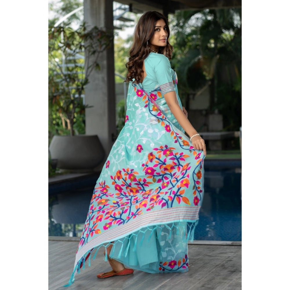 Generic Women's Cotton Printed Saree With Unstitched Blouse (Sky Blue, 5-6 Mtrs)