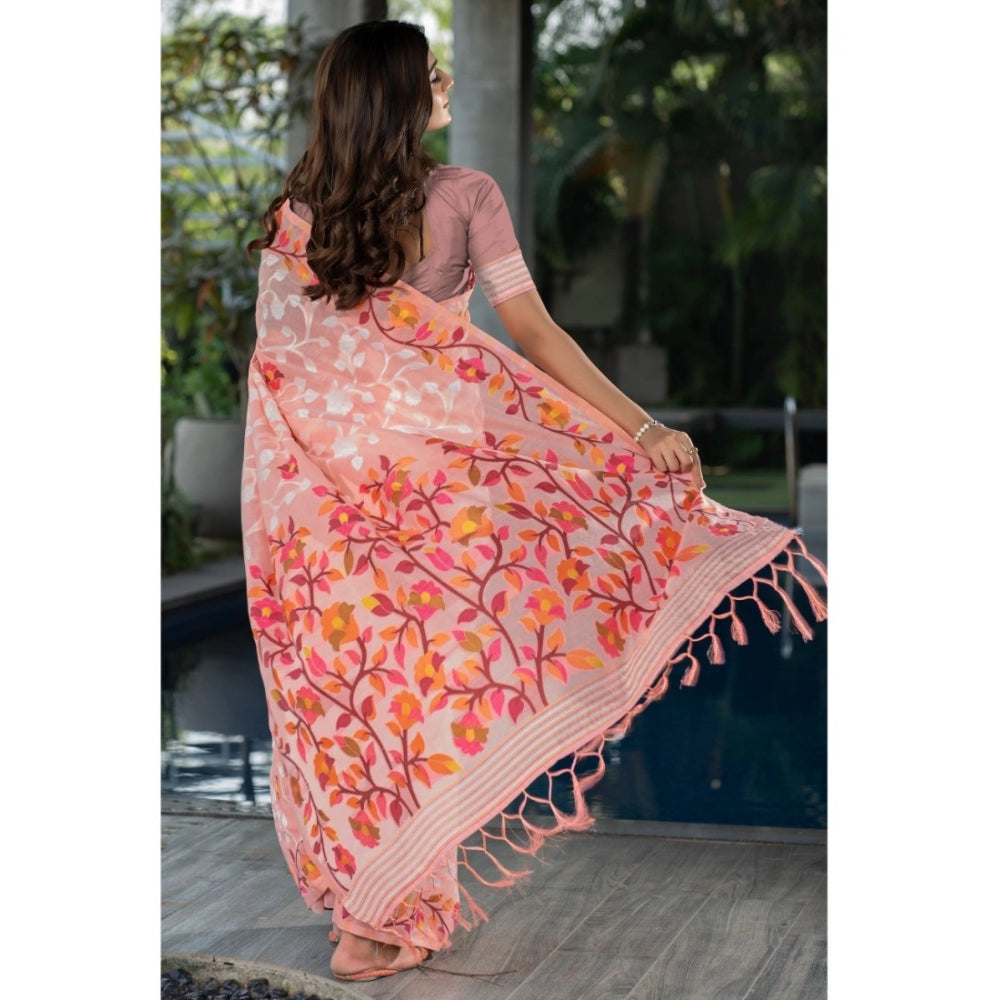 Generic Women's Cotton Printed Saree With Unstitched Blouse (Peach, 5-6 Mtrs)