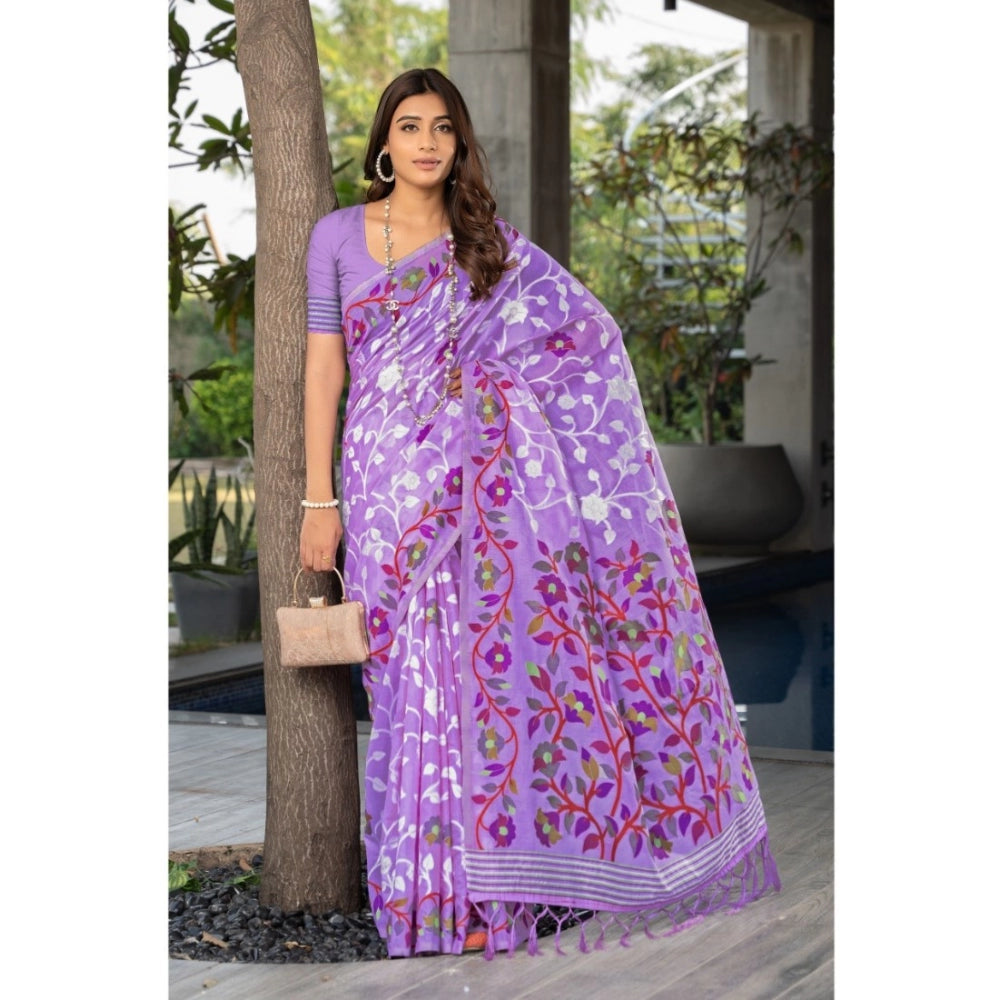 Generic Women's Cotton Printed Saree With Unstitched Blouse (Lavender, 5-6 Mtrs)