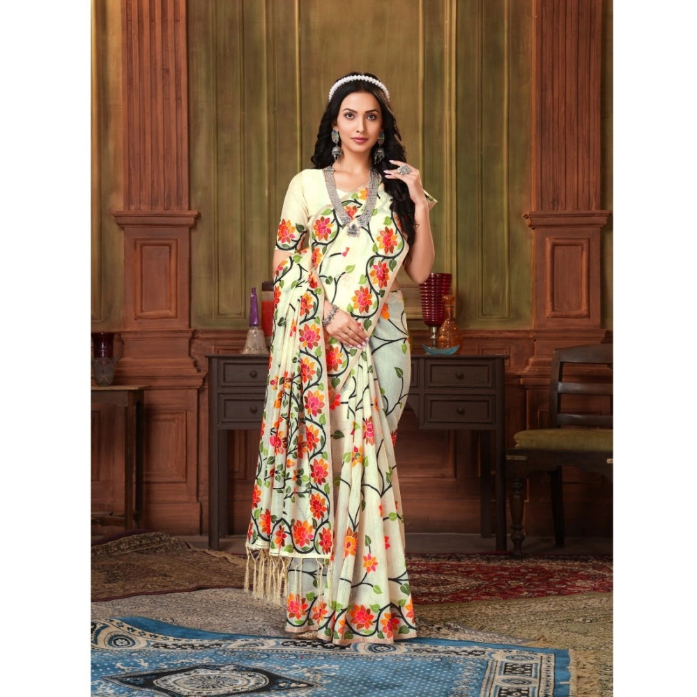 Generic Women's Organza Printed Saree With Unstitched Blouse (White, 5-6 Mtrs)