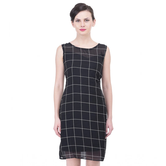 Generic Women's Cotton Blend Checked Sleeveless Sheath Dress (Black)