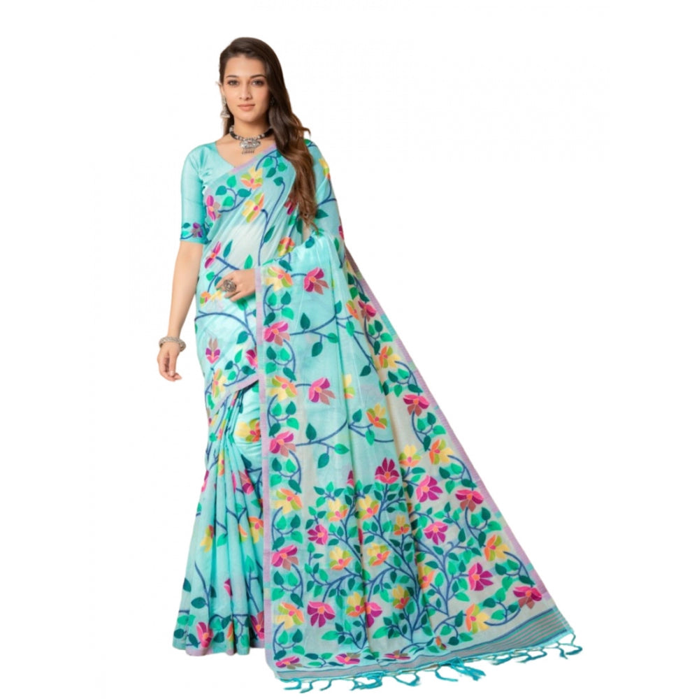 Generic Women's Cotton Printed Saree With Unstitched Blouse (Sky Blue, 5-6 Mtrs)