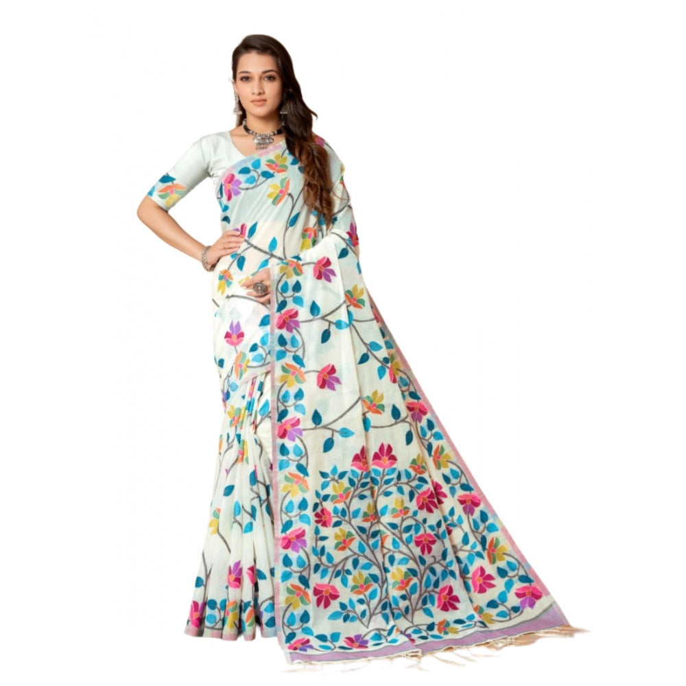 Generic Women's Cotton Printed Saree With Unstitched Blouse (White, 5-6 Mtrs)