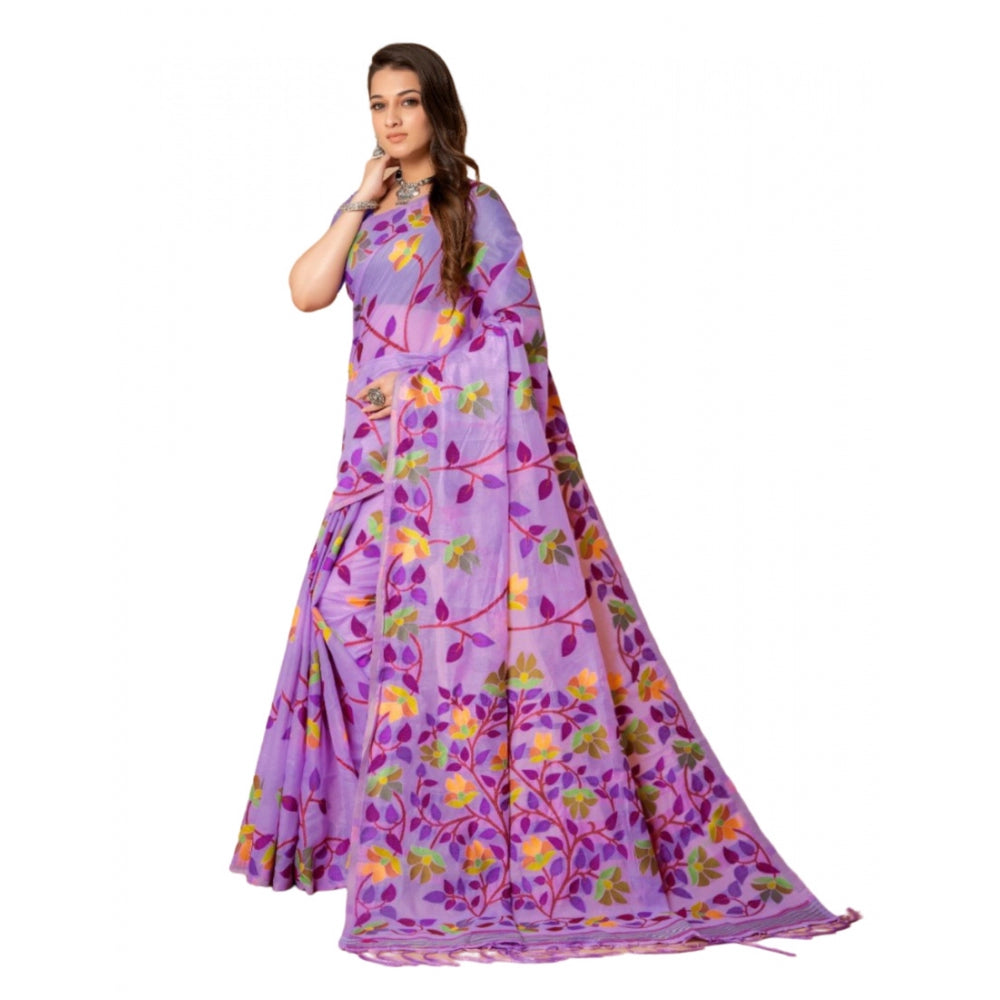 Generic Women's Cotton Printed Saree With Unstitched Blouse (Lavender, 5-6 Mtrs)