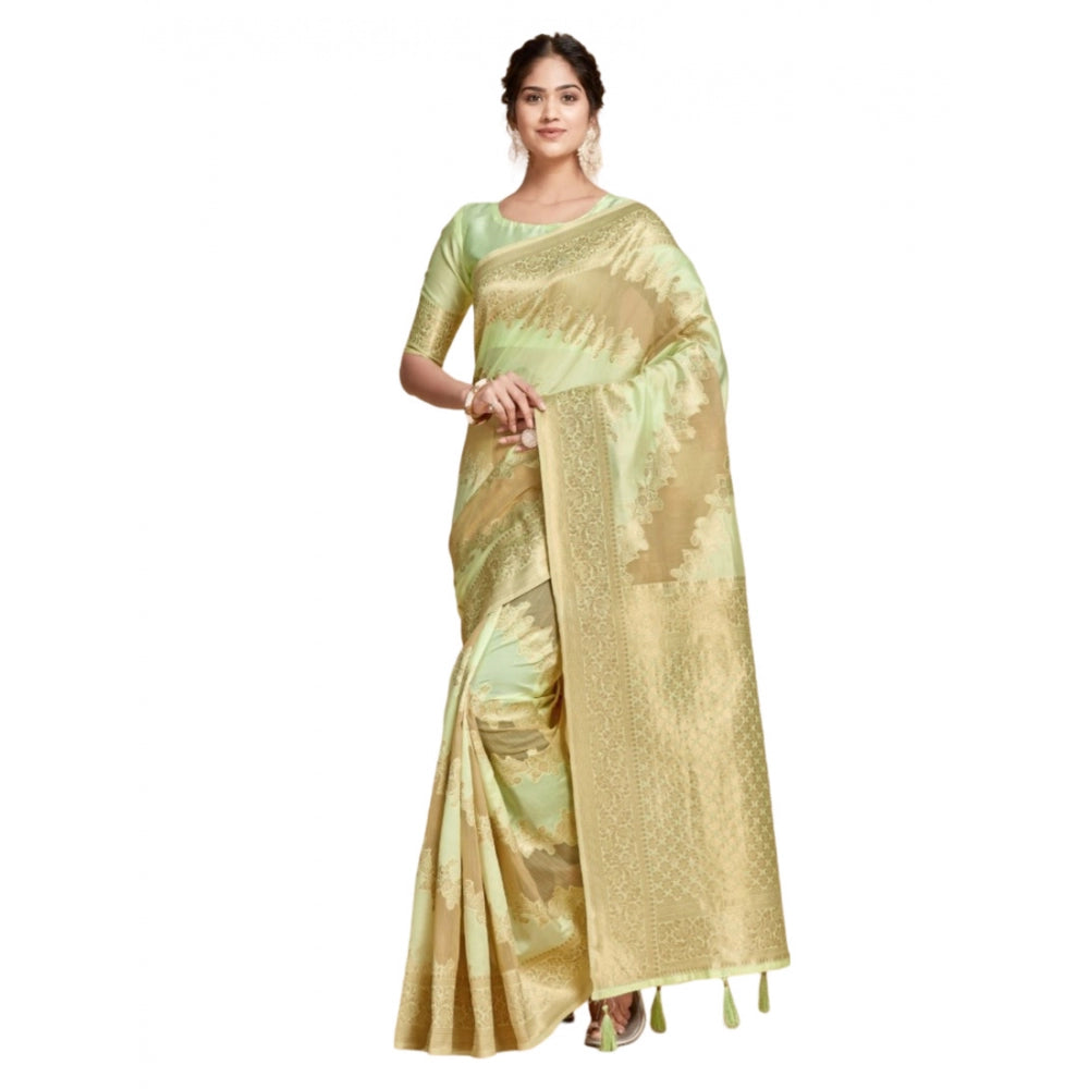 Generic Women's Linen Printed Saree With Unstitched Blouse (Pista, 5-6 Mtrs)