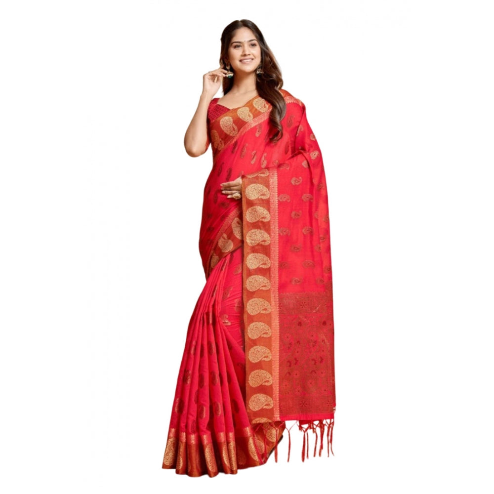 Generic Women's Chanderi Cotton Printed Saree With Unstitched Blouse (Pink, 5-6 Mtrs)