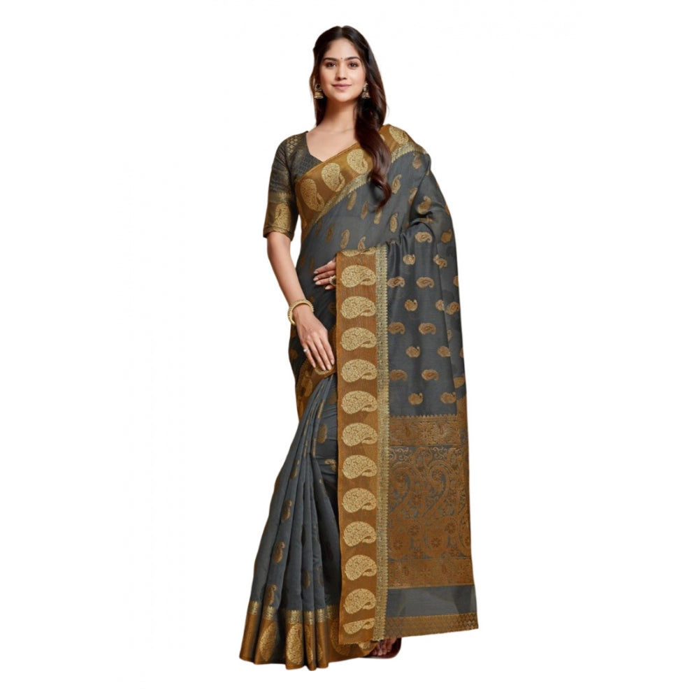 Generic Women's Chanderi Cotton Printed Saree With Unstitched Blouse (Grey, 5-6 Mtrs)