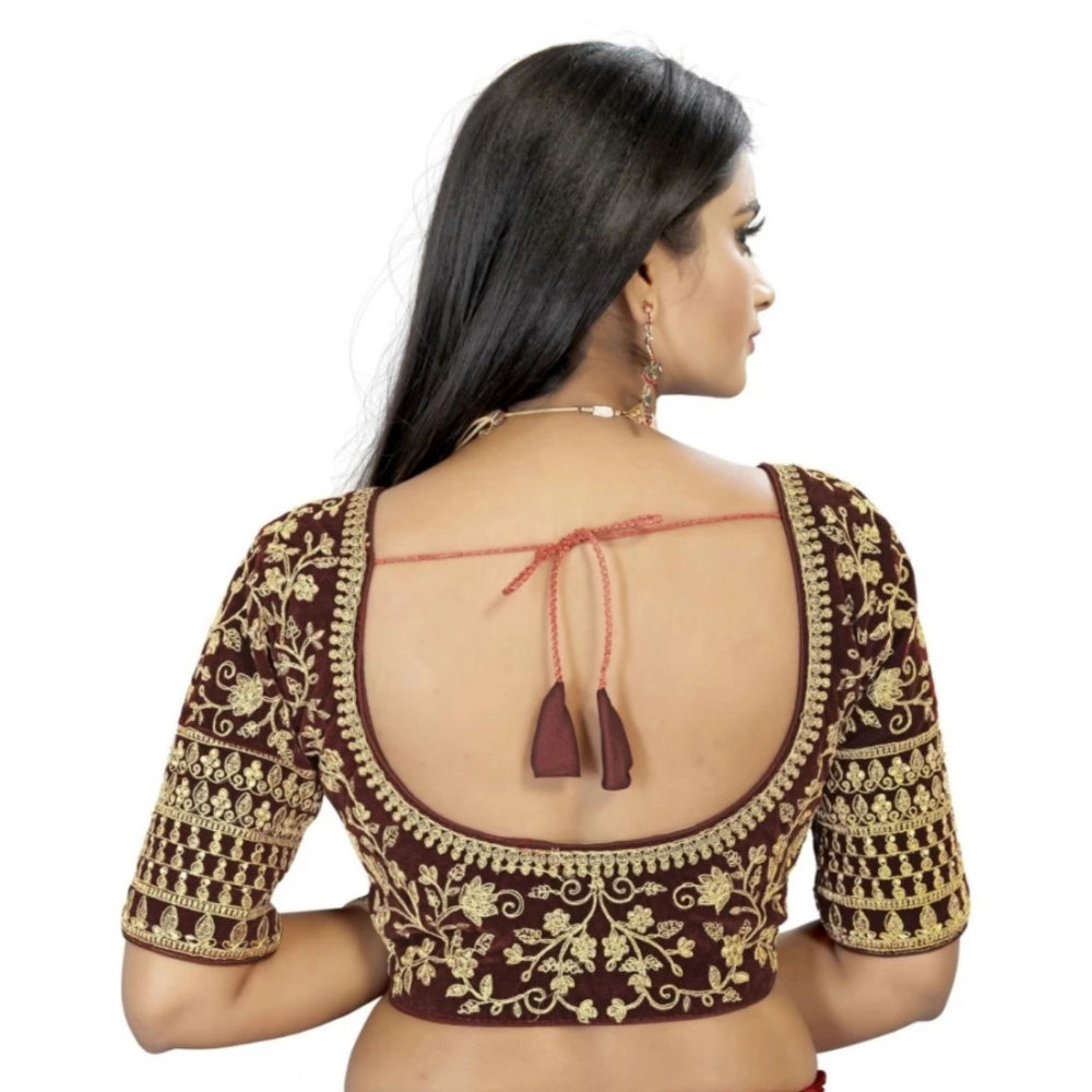 Generic Women's Velvet Embroidery Readymade Blouse (Brown, Size: Free Size)