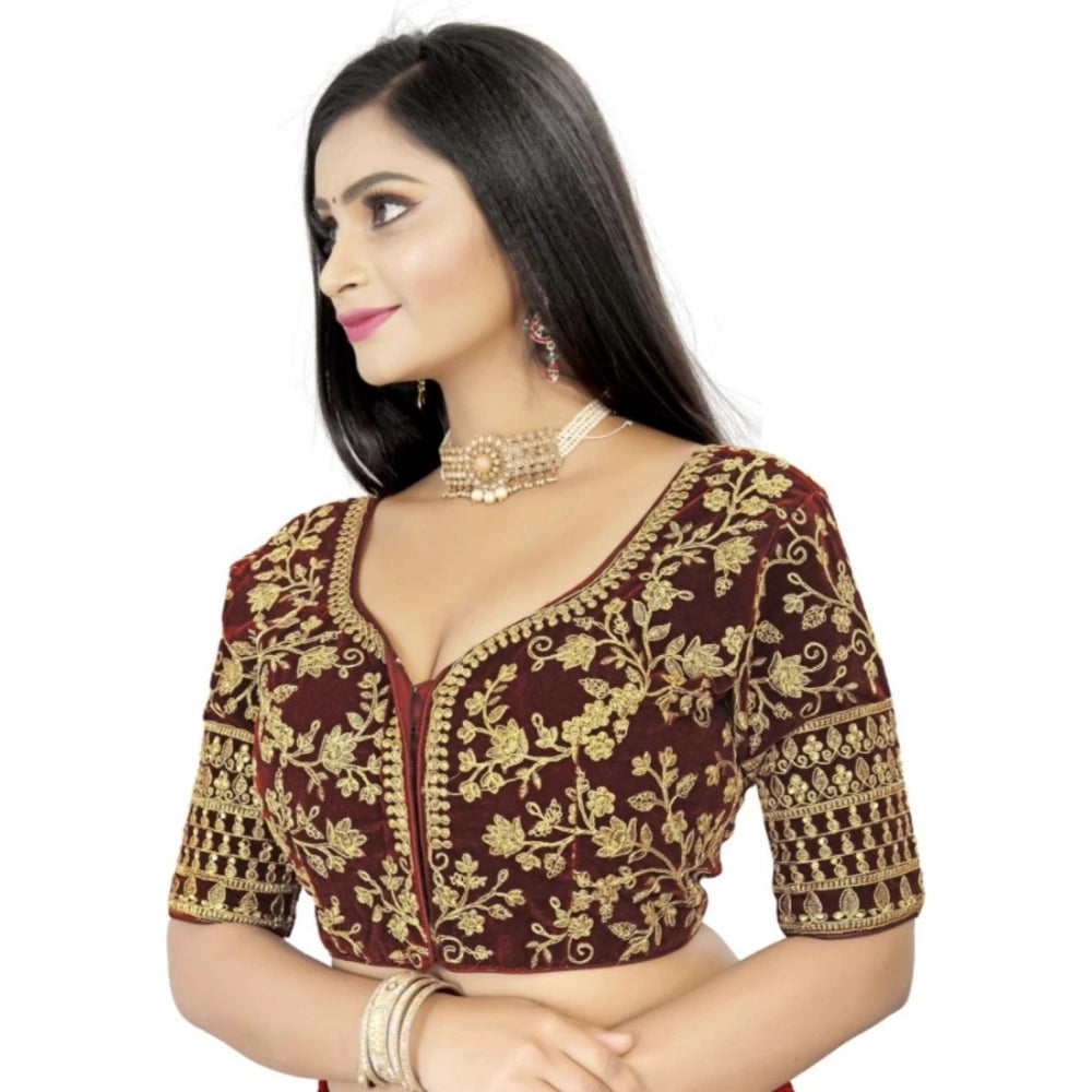 Generic Women's Velvet Embroidery Readymade Blouse (Brown, Size: Free Size)