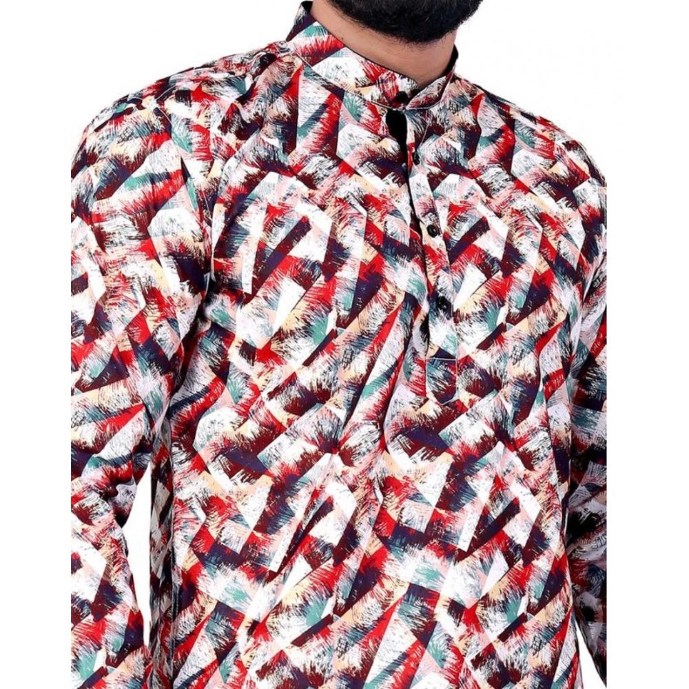 Generic Men's Cotton Blended Printed Full Sleeve Short kurta (Multicolor)