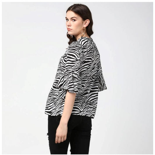 Generic Women's Polyester Animal Print Bell Sleeve Top (Black - White)