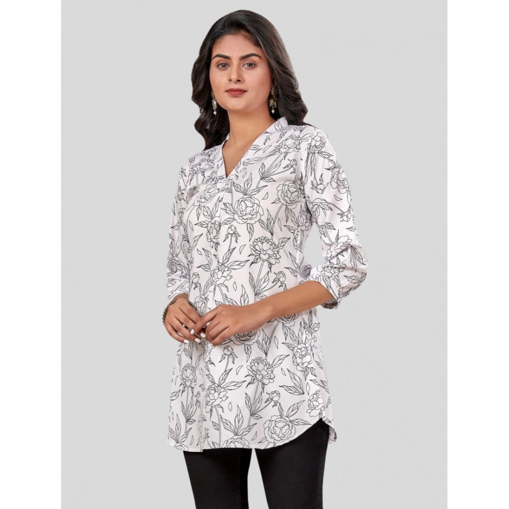 Generic Women's Poly Crepe Chinese Collar 3/4 Sleeves Short Top (Black-White)