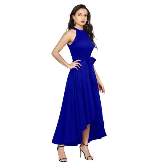 Generic Women's Polyster Solid Halter Neck Sleeveless Dress (Royal Blue)