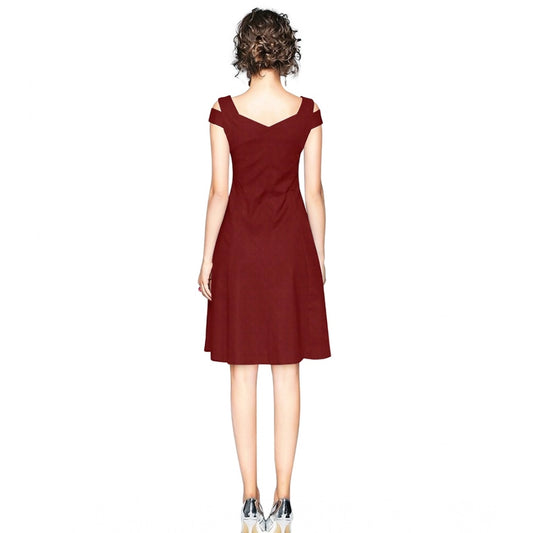 Generic Women's Polyester Solid V Neck Cap Sleeve off Shoulder Dress (Maroon)
