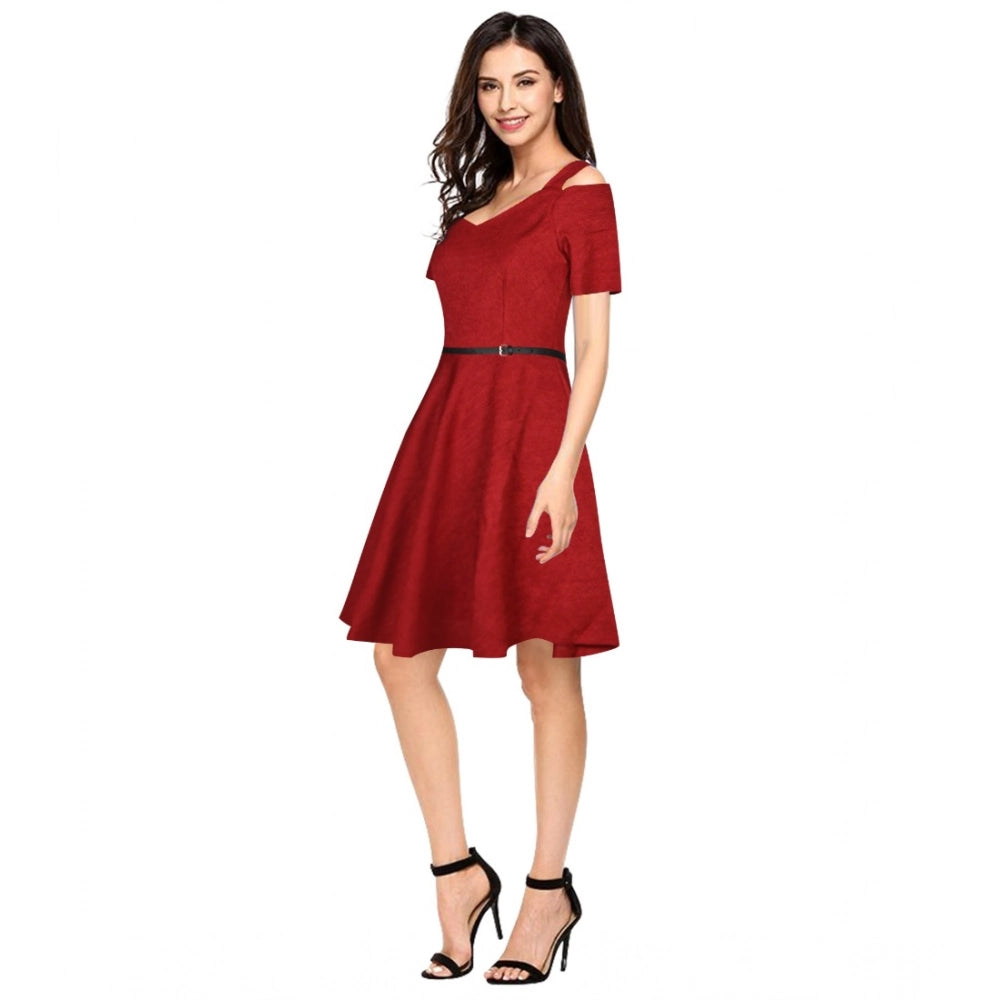 Generic Women's Polyester Solid V Neck Cap Sleeve Dress (Maroon)