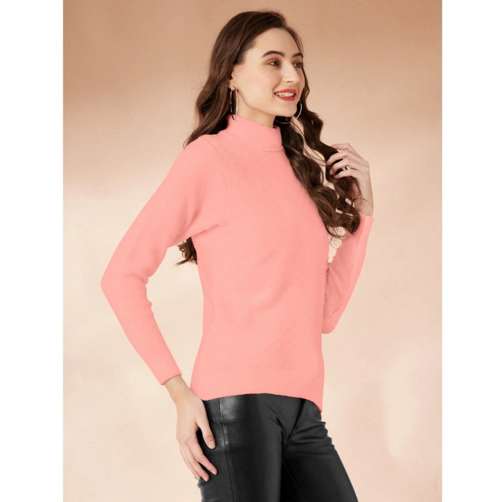 Generic Women's Polyester Solid High Neck Full Sleeve T-Shirt (Peach)