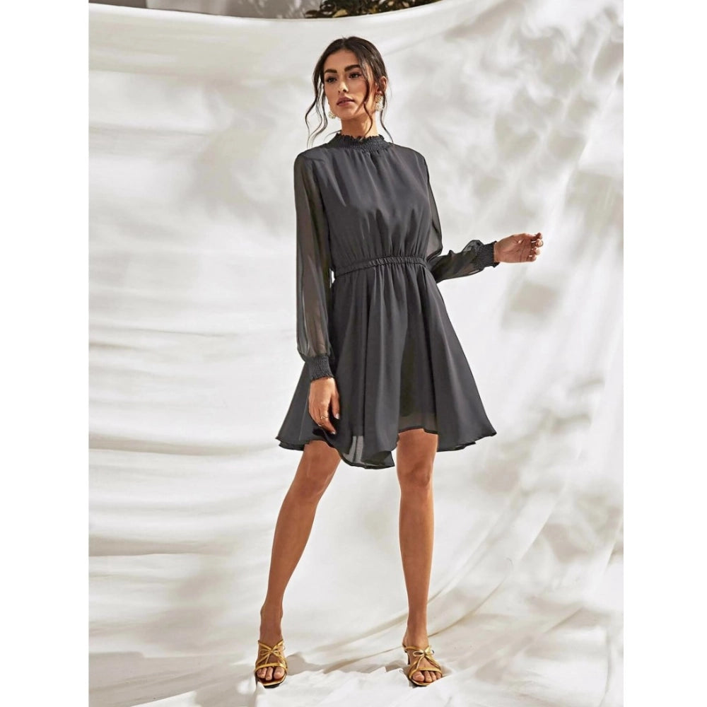 Generic Women's Fox Georgette Solid High Neck Full Sleeve Dress (Grey)
