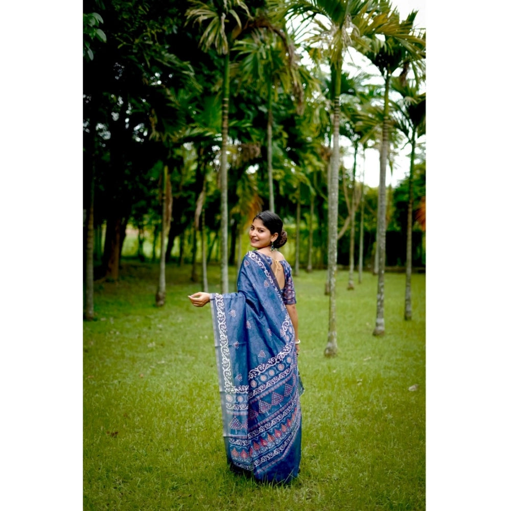 Generic Women's Cotton Printed Saree With Unstitched Blouse (Blue, 5.5 Mtr)