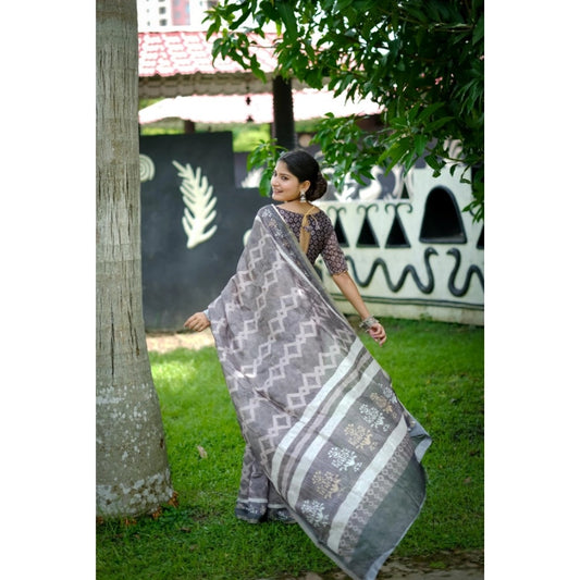 Generic Women's Cotton Printed Saree With Unstitched Blouse (Grey, 5.5 Mtr)