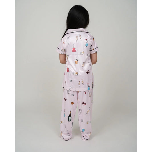 Generic Girl's Silk Bleand Printed Short Sleeve Night Suit Set (Light Pink)