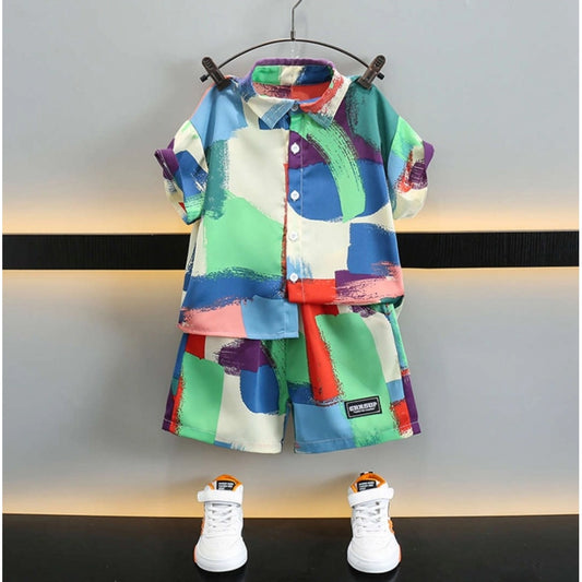 Generic Boy's Lycra Blend Printed Short Sleeve Shirt and Shorts Set (MultiColor)