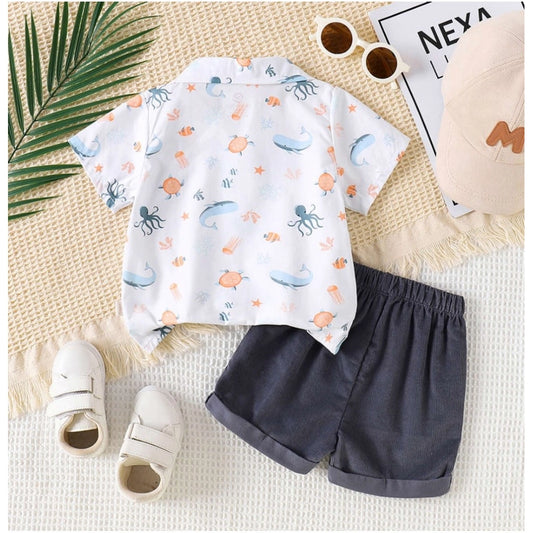 Generic Boy's Lycra Blend Printed Short Sleeve Shirt and Shorts Set (MultiColor)