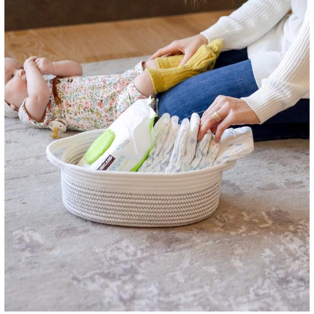 Generic Cotton Zigzag Oval Basket Pack of 3 Storage Basket For Clothes (White)