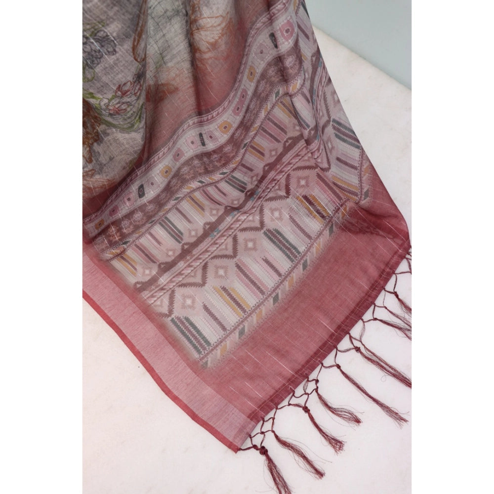 Generic Women's Linen Digital Print Saree With Unstitched Blouse 5.5Mtr (Multicolor)