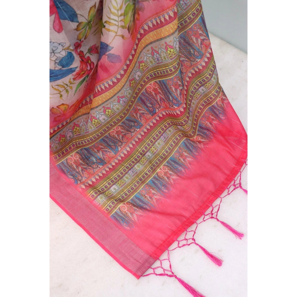 Generic Women's Linen Digital Print Saree With Unstitched Blouse 5.5Mtr (pink)
