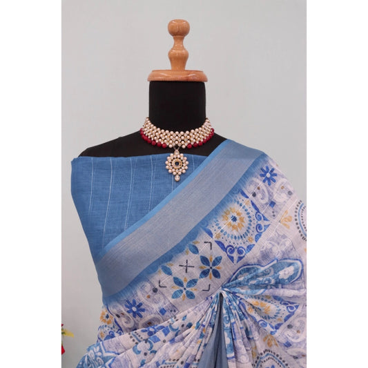 Generic Women's Linen Digital Print Saree With Unstitched Blouse 5.5Mtr (Blue)