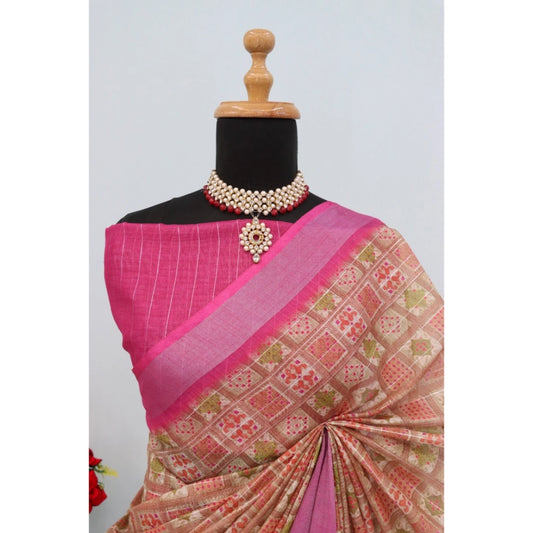 Generic Women's Linen Digital Print Saree With Unstitched Blouse 5.5Mtr (Pink)