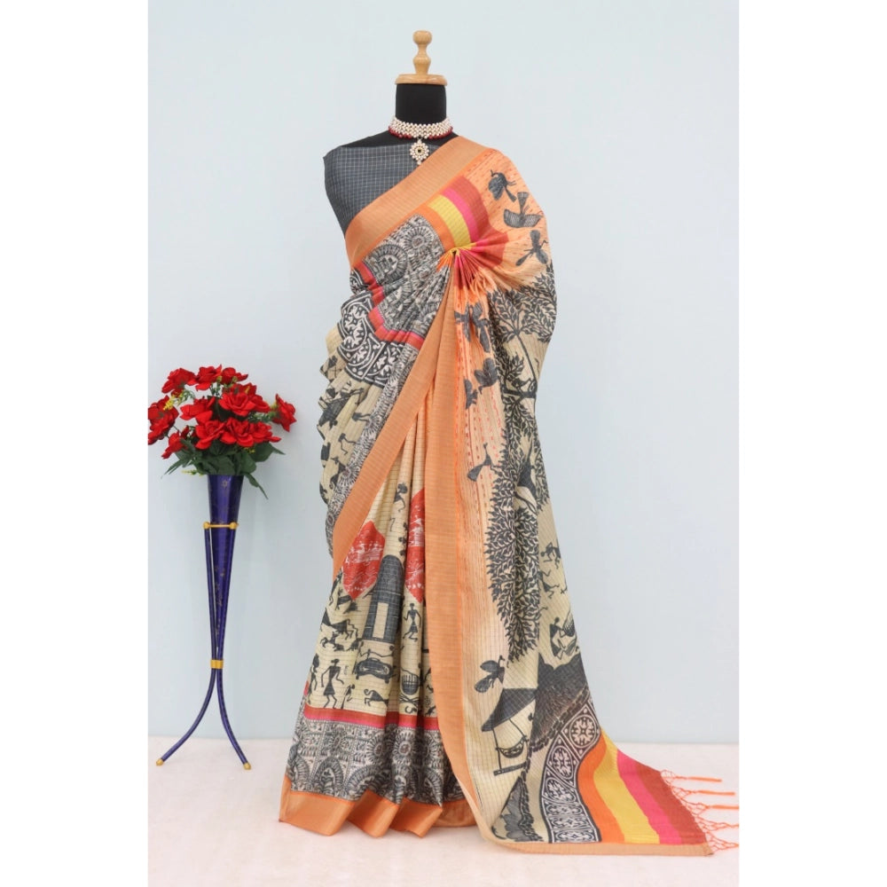 Generic Women's Mysore Silk Digital Print Saree With Unstitched Blouse 5.5Mtr (Multicolor)
