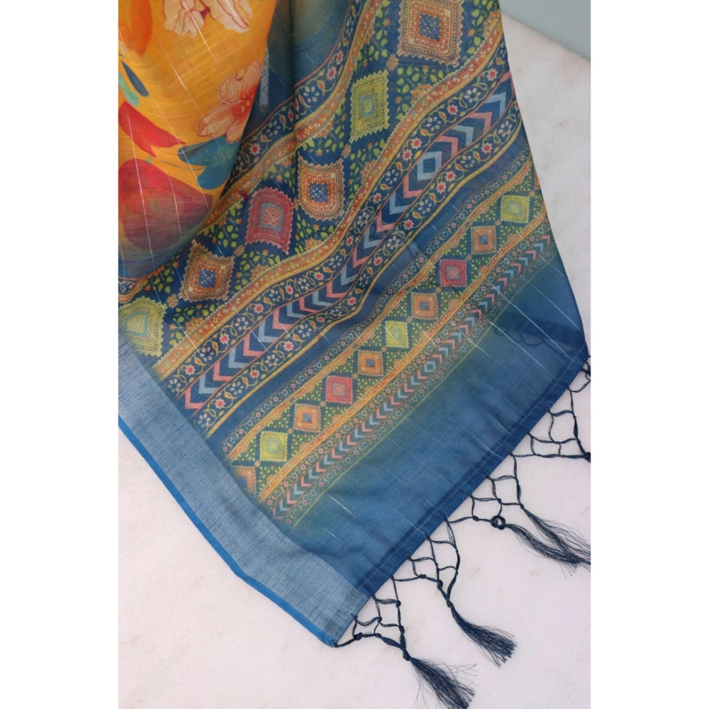 Generic Women's Linen Digital Print Saree With Unstitched Blouse 5.5Mtr (Yellow)
