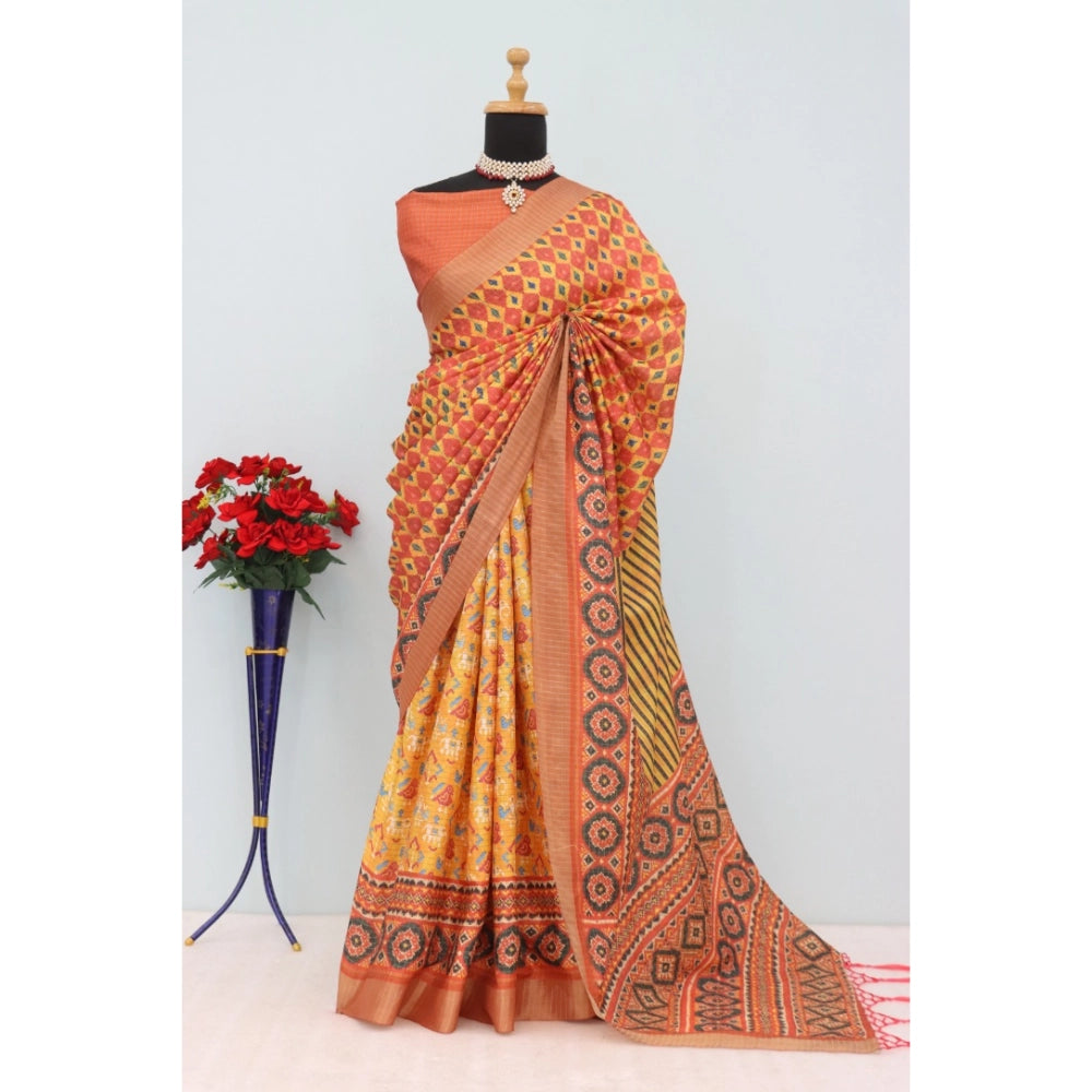 Generic Women's Mysore Silk Digital Print Saree With Unstitched Blouse 5.5Mtr (Orange)