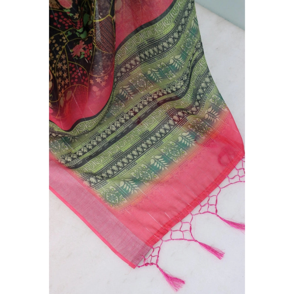 Generic Women's Linen Digital Print Saree With Unstitched Blouse 5.5Mtr (Multicolor)