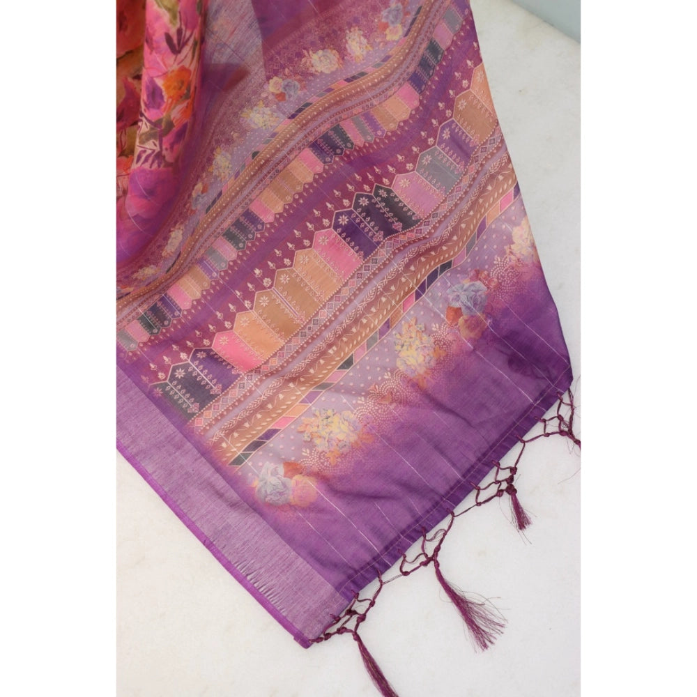 Generic Women's Linen Digital Print Saree With Unstitched Blouse 5.5Mtr (Purple)