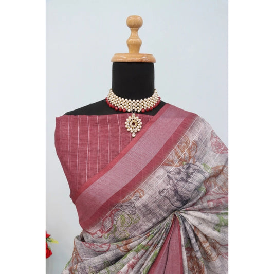 Generic Women's Linen Digital Print Saree With Unstitched Blouse 5.5Mtr (Multicolor)