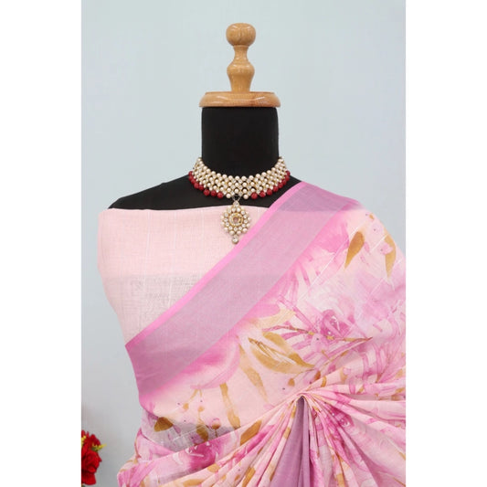 Generic Women's Linen Digital Print Saree With Unstitched Blouse 5.5Mtr (Pink)