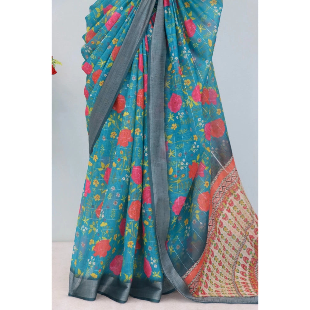 Generic Women's Linen Digital Print Saree With Unstitched Blouse 5.5Mtr (Green)