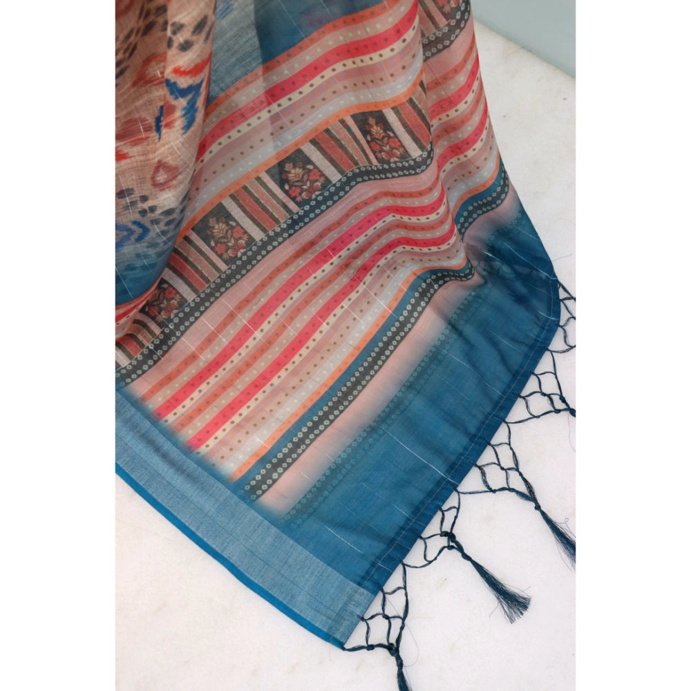 Generic Women's Linen Digital Print Saree With Unstitched Blouse 5.5Mtr (Multicolor)