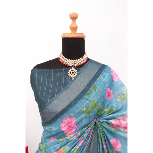 Generic Women's Linen Digital Print Saree With Unstitched Blouse 5.5Mtr (Green)
