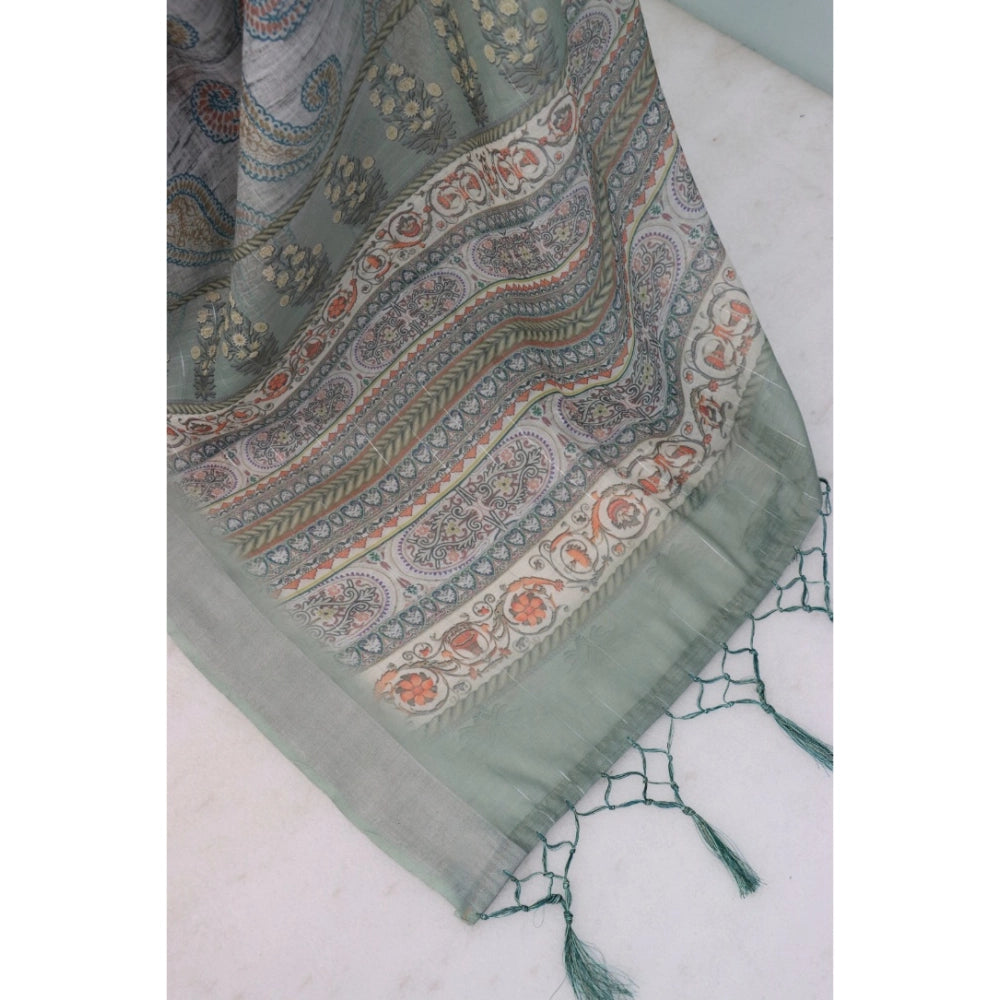Generic Women's Linen Digital Print Saree With Unstitched Blouse 5.5Mtr (Grey)