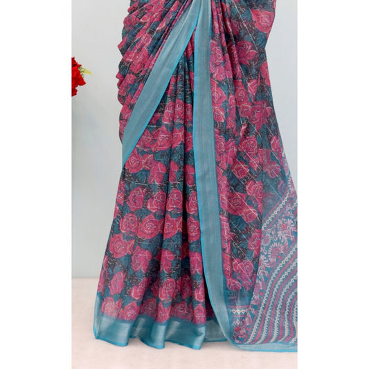 Generic Women's Linen Digital Print Saree With Unstitched Blouse 5.5Mtr (Blue)