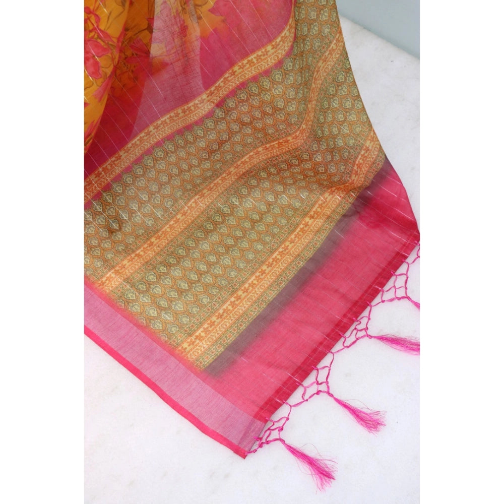 Generic Women's Linen Digital Print Saree With Unstitched Blouse 5.5Mtr (Yellow)